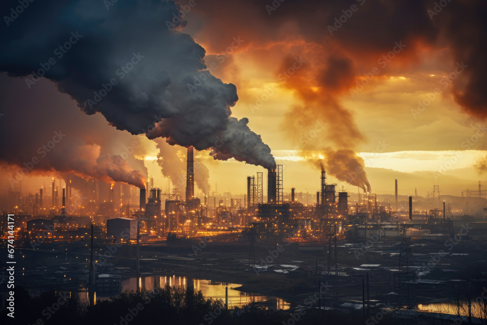 Oil refinery pollution. Menacing glow of gases above an oil refinery, set against the backdrop of a darkening, polluted sky, highlighting the environmental consequences of fossil fuel extraction and r