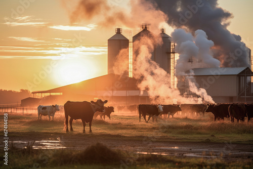 Methane from Agriculture. Industrial livestock cattle farm, with the fading sunlight highlighting the methane-rich emissions rising from the expansive cattle herds. photo