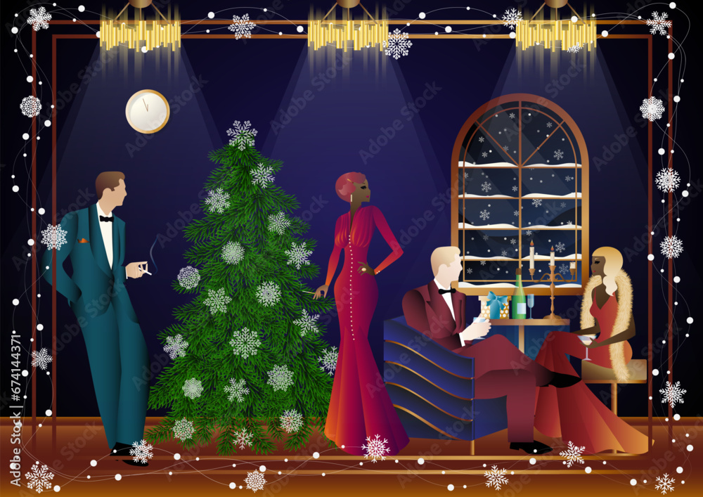 Well dressed human near a decorated Christmas tree with friends on New Year s Eve in a luxury restaurant or at home. Concept for holiday, winter holidays, New Year, Christmas