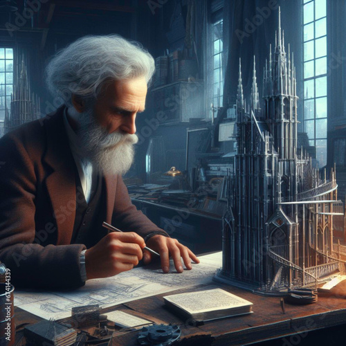 Elderly 19th century architect with beard and white hair designing a futuristic cathedral photo