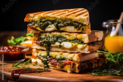 Classic club sandwich on a wooden plate. The sandwich filling includes ham, cheese, lettuce, tomato slices. Light background. Close-up.