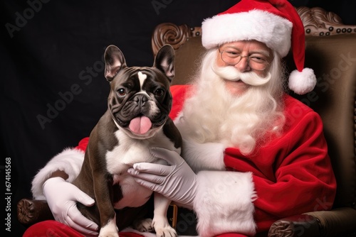 Santa Claus with french bull dog puppy pet photo shoot at Christmas holiday photo