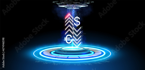 Vector image presents a futuristic concept of currency exchange, featuring vibrant neon representations of the dollar and euro symbols. symbolizing the digital transformation in the financial sector