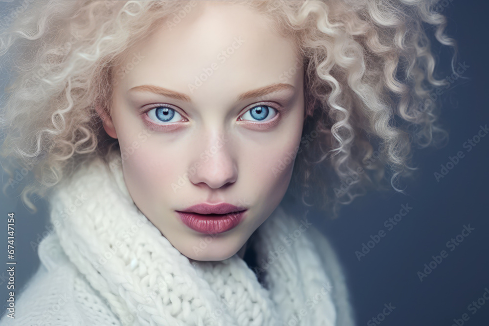 Portrait of a beautiful albino woman isolated on blue studio background. Beauty, fashion, skin care, cosmetics concept. Well-groomed skin, fresh look. Inclusion and Diversity