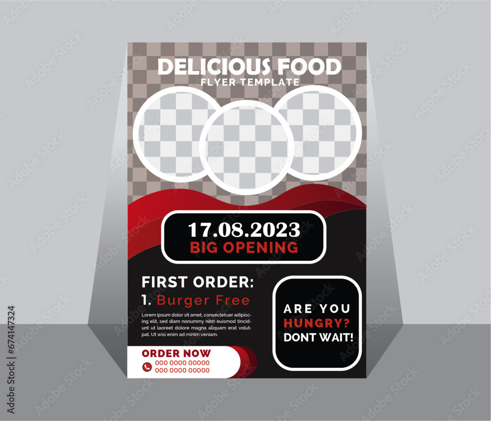 Fast food restaurant business marketing flyer design. food banner template design with abstract background. Fresh pizza, burger & etc. - obrazy, fototapety, plakaty 