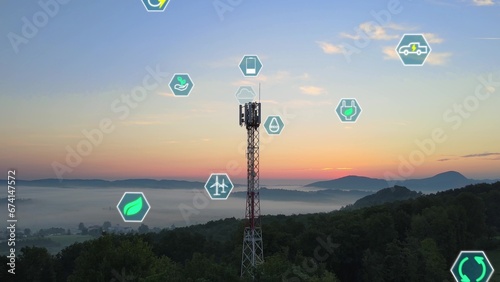 Sustainable development in telecommunication industry, radio tower with sustainable icons - 3d Render photo