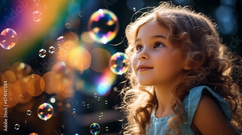 Kleines blondes Mädchen schaut staunend auf die bunten Seifenblasen, die wie Regenbogenbälle im Licht tanzen © HeikoW.