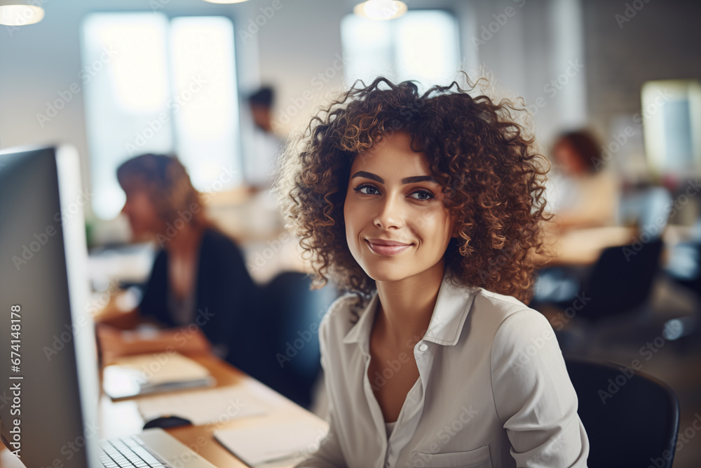 Beautiful manager sitting at desk in creative office, young stylish woman with curly hair using laptop in marketing agency Beautiful manager sitting at desk in creative office, young stylish woman with curly hair using laptop in marketing agency
