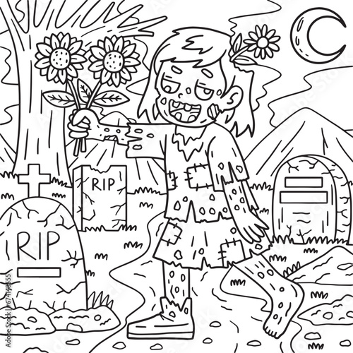 Zombie Girl Holding Sunflowers Coloring Pages 