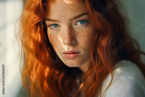 Beautiful red haired Irish girl with blue eyes, red hair and lots of freckles photo