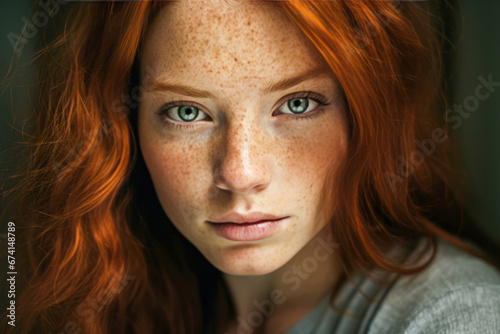 Beautiful red haired Irish girl with blue eyes, red hair and lots of freckles photo