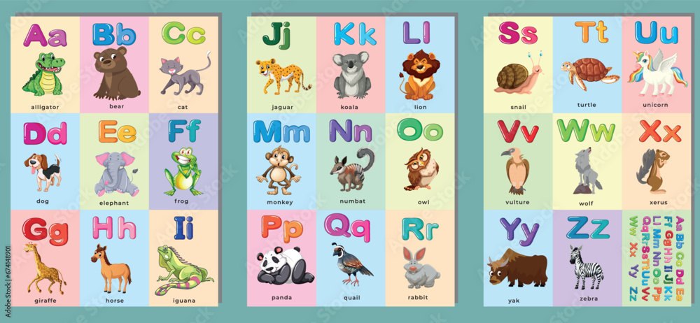Alphabet cards for kids with cute animals, colourful set of cards for children, learning games for kids