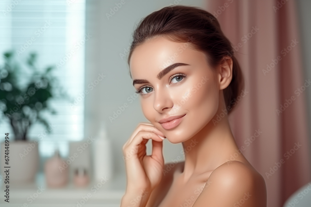 Beauty young woman with a healthy glowing skin is applying a skincare product Beauty young woman with a healthy glowing skin is applying a skincare product