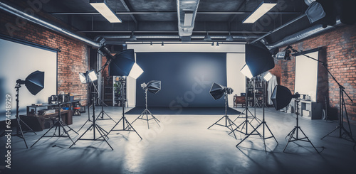 Interior of modern photo studio with professional equipment photo