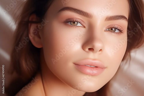 Beauty young woman with a healthy glowing skin is applying a skincare product