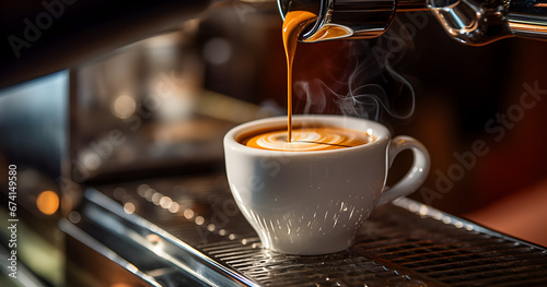 making coffee, espresso pouring, machine prepares coffee, aromatic espresso, barista cafe restaurant, Making fresh cappuccino, close-up view photo