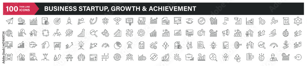 Business startup, growth and achievement line icons. Editable stroke. For website marketing design, logo, app, template, ui, etc. Vector illustration.