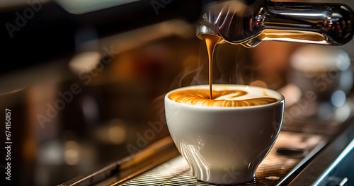 making coffee, espresso pouring, machine prepares coffee, aromatic espresso, barista cafe restaurant, Making fresh cappuccino, close-up view photo