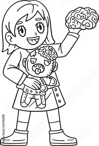 Child with a Zombie Stuffed Toy Isolated Coloring 