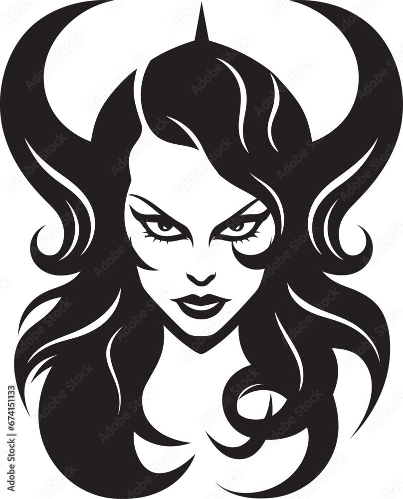 Seductive Beauty Black Logo Design with Demon Icon Black and Bold Beautiful Female Demon Vector Emblem