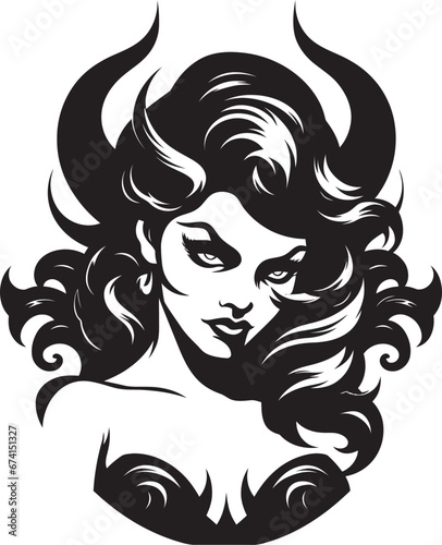 Картината върху платно Sensual Temptress Unveiled Beautiful Female Demon Black Temptation Devilish Logo