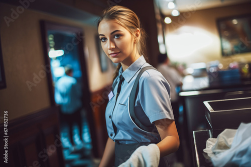A woman in a maid uniform at work, cleaning a hotel room photo