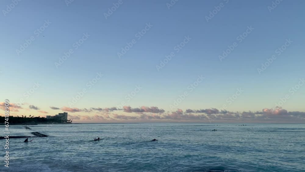 Scenic panoramic Waikiki Beach vista at sunrise, Honolulu, Oahu, Hawaii Scenic panoramic Waikiki Beach vista at sunrise, Honolulu, Oahu, Hawaii