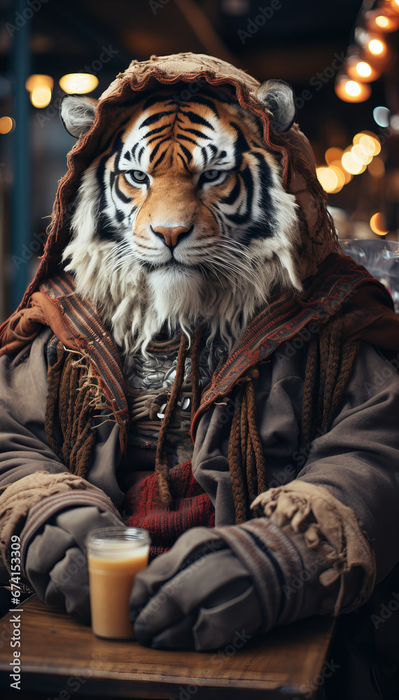 Intriguing blend of wild beast and human garb, a captivating sight
