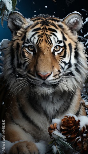 Snow-kissed tiger with festive baubles