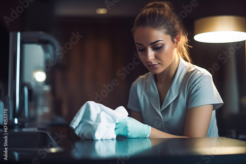 A woman in a maid uniform at work, cleaning a hotel room photo