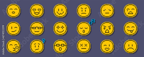 Pixel emoji smile pack. Various pixel art smiles with laugh or love emotions, message chat emoticons and expression smiles, vector stickers. 8bit acid style pixelated emoji face.
