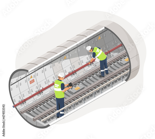 Underground Railway Engineer Inspector inspect construction of subway Bridge after maintenance isometric isolated vector