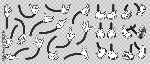 Vintage retro hands in gloves and feet in shoes. Comic retro feet and hands in different poses. Isolated mascot character elements of 1920 to 1950s.