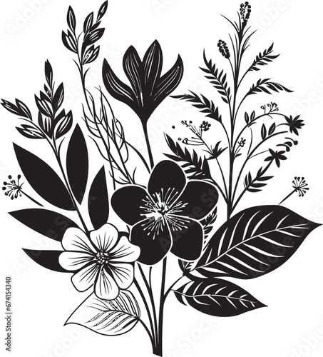Fototapeta Naklejka Na Ścianę i Meble -  Black Beauty Exotic Floral Logo Mastery Exquisite Island Art Floral Design in Black Vector