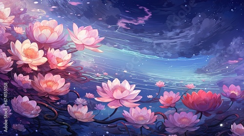 pink peony flower garden  under starry sky with glitter glow light, calm peaceful and happiness spiritual flower garden, fairytale illustration, Generative Ai © Seek and Find