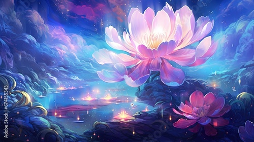 closeup peony flower blossom under starry night sky, dreamy fantasy atmosphere, Generative Ai #674155343