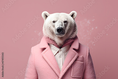 A bear standing on two legs in a warm winter coat. Abstract, creative, illustrated, minimal portrait of a wild animal dressed up as a man in elegant clothes. photo