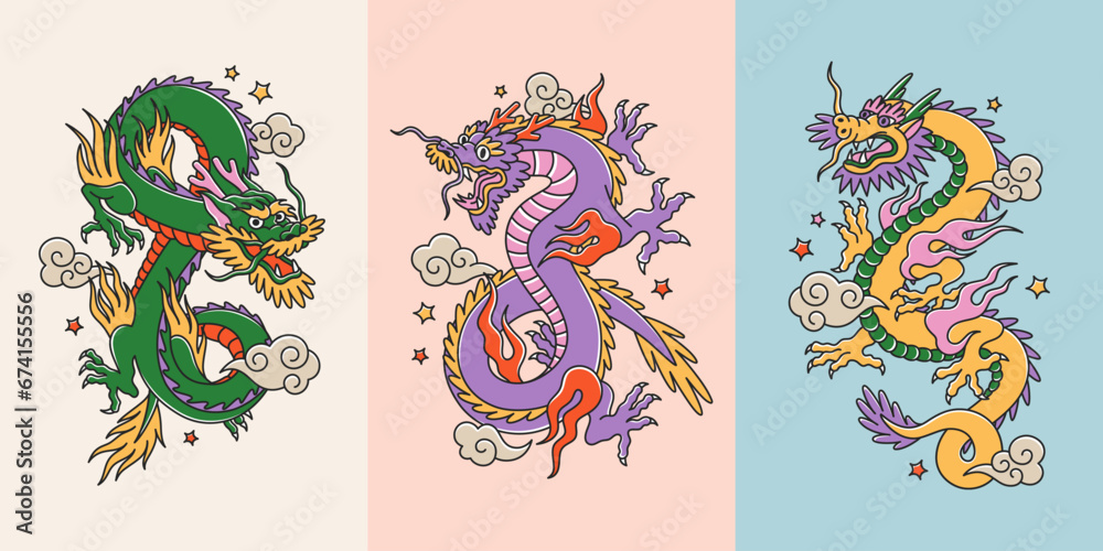 Set of three posters with tattoo chinese dragons. Symbol of New Year 2024. Asian colorful cartoon style. Template for your holiday banners and posters. Set of three posters with tattoo chinese dragons. Symbol of New Year 2024. Asian colorful cartoon style. Template for your holiday banners and posters.