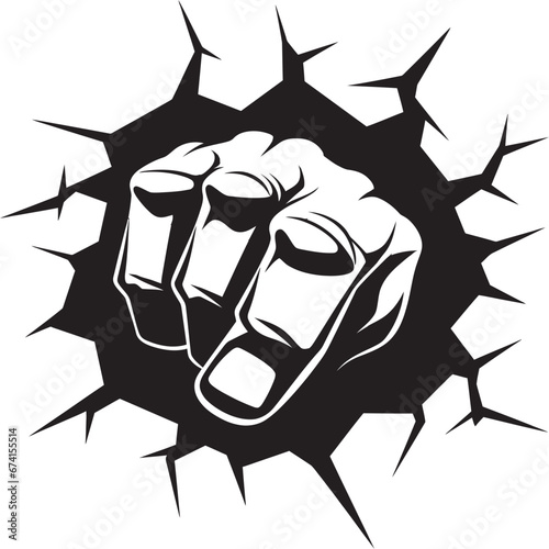 Vector Artistry Unveiled Fist through Cracked Wall Powerful Breakthrough Black Fist and Wall Icon in Vector