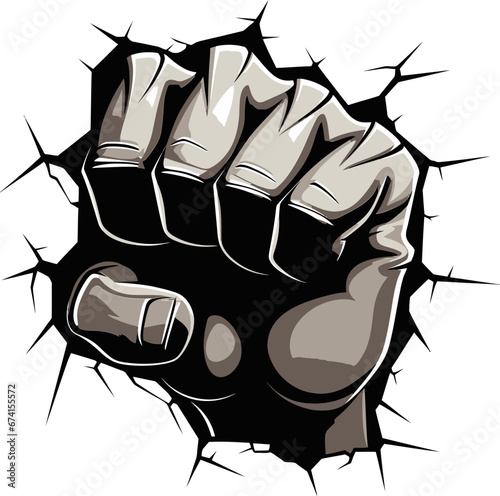 Vector Artistry Unveiled Fist through Cracked Wall Powerful Breakthrough Black Fist and Wall Icon in Vector