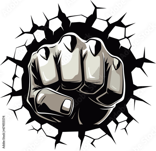 Cartoon Heroics Black Logo with Punching Fist Impactful Expression Vector Icon in Black
