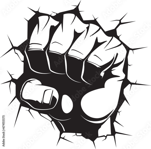 Powerful Breakthrough Black Fist and Wall Icon in Vector Epic Cartoon Art Punching Fist and Broken Wall