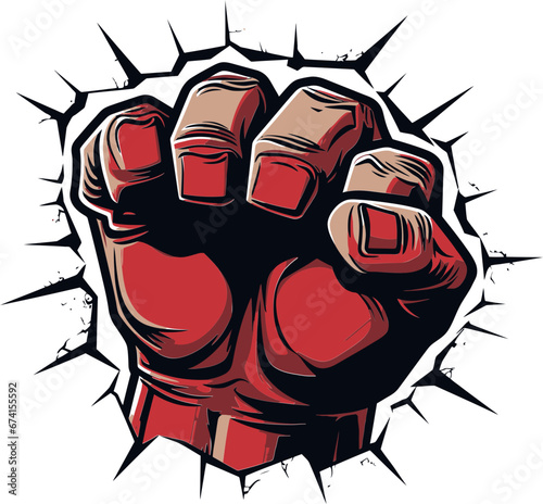 Black and Dynamic Fist Breaking Wall Vector Mighty Impact Cartoon Fist and Wall Logo