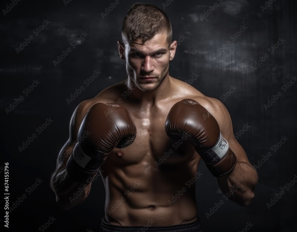 Male athlete with a naked torso wearing boxing gloves. Sport.