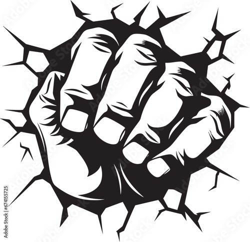 Vector Artistry Unveiled Fist through Cracked Wall Powerful Breakthrough Black Fist and Wall Icon in Vector