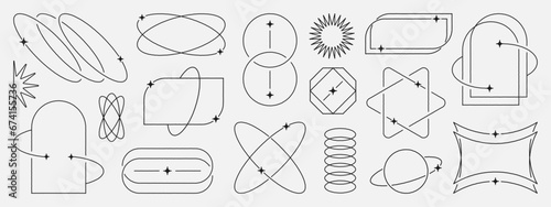 Minimalistic linear frames, arches, elements, stars, geometric shapes and lines. Aesthetic arched frames for poster design, vector set in modern style.