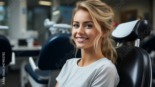 Young woman at the dentist. Blonde girl in dentist office sitting in patient chair. Dental health. Woman with perfect smile and white teeth. Teeth and gum care. Medical consultation.