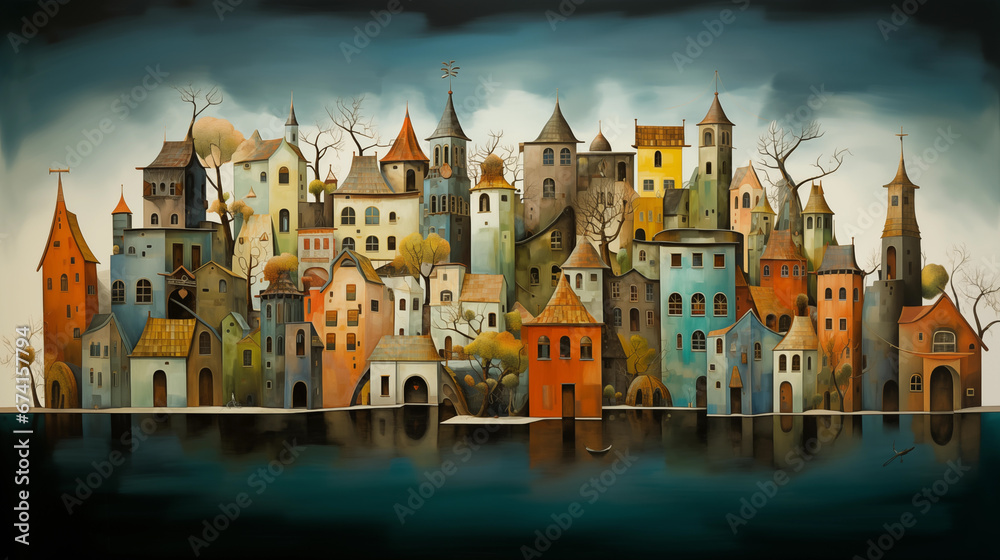 Illustration representing a cute and pastel colored city reflecting in a lake