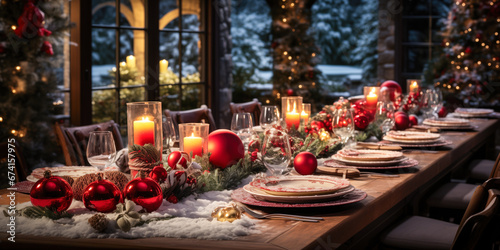 Christmas dinner table setting with ornaments, candles and trees at night, red and green, wide, winter holiday season, tablescape