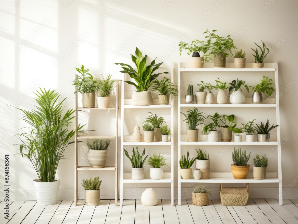 White shelves with lots of plants on them. Generative AI.